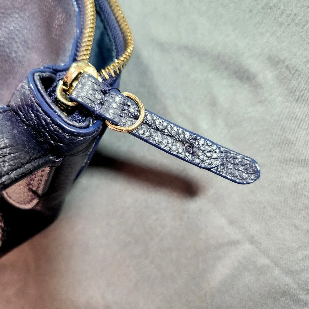 Cole Haan Navy Blue Pebbled Leather Shoulder Bag Purse with Gold-toned Hardware